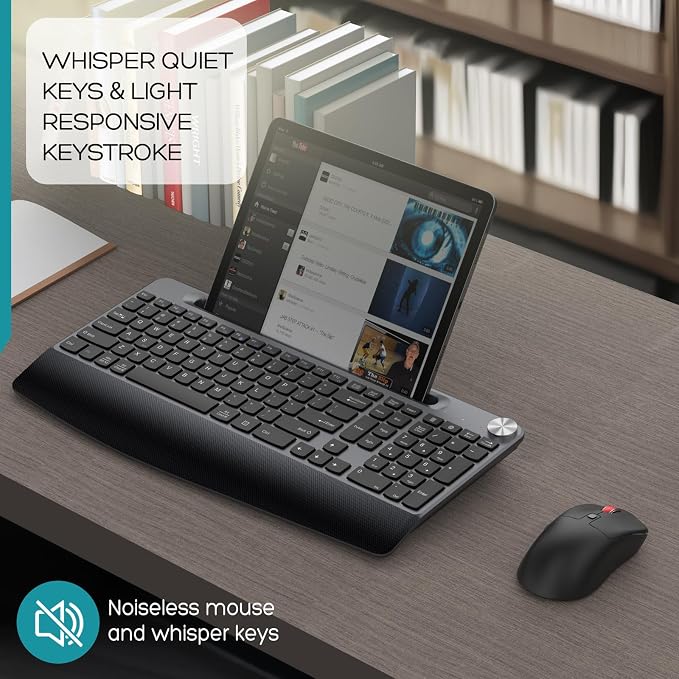 GAMCATZ Ergonomic Wireless Keyboard and Mouse with Wrist Rest，Phone Holder - 2.4GHz Full-Sized Low-Profile Quiet Gold Wireless Mouse and Keyboard Combo for Computer, Laptop, PC, Mac-Gold