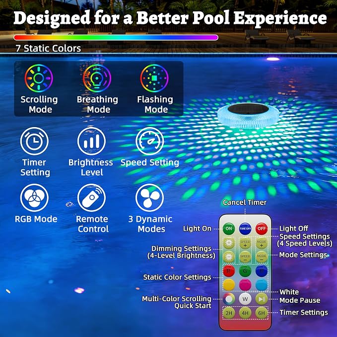 Solar Pool Ionizer Floating Lights: Copper Ionizer with LED Solar Powered Outdoor Waterproof Lighting RGB Color Changing Light with Remote Control for Above Ground Inground Swimming Pool Party Spa