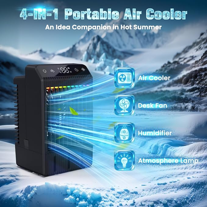 Portable Air Conditioner with LED Display, 1000ML Mini AC Air Conditioner 4-in-1 Air Cooler Humidifier with 7 Colors Light, Timer Personal Evaporative Air Cooler Cooling Fan for Bedroom Office Home