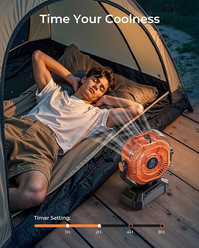 Portable Camping Fan, Misting Desk Fan with Remote, 360ML Water Tank, 16000mAh, 5 Speeds, Timer, 18-70 Working Hours, Battery Operated Fan for RV Camp Hurricane Emergency Orange