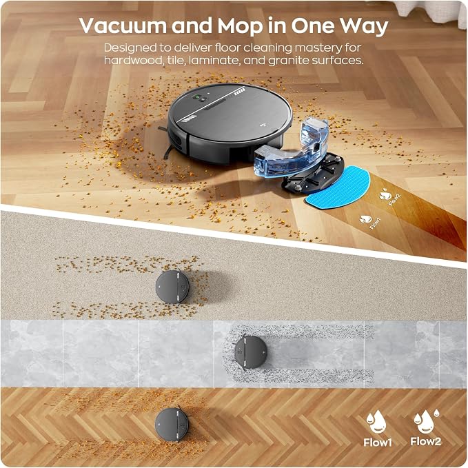 MANVN Robot Vacuum and Mop Combo for Pet Hair, Robotic Vacuum for Hard Floors and Carpets, 2.87'' Ultra-Slim, with 3D Obstacle Avoidance, Wi-Fi/App/Voice Controlled, Self-Charging