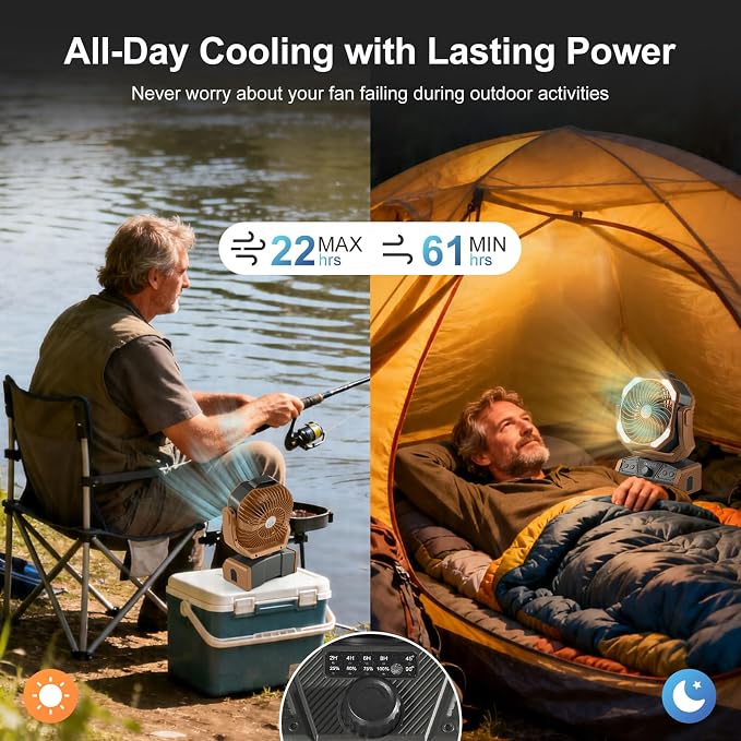 Odoland 40000mAh Camping Fan with LED Light, Battery Operated Oscillating Desk Fan with Remote & Hook, Rechargeable Outdoor Tent Fan with Timer for Hurricane Power Outage Travel Jobsite RV, Khaki