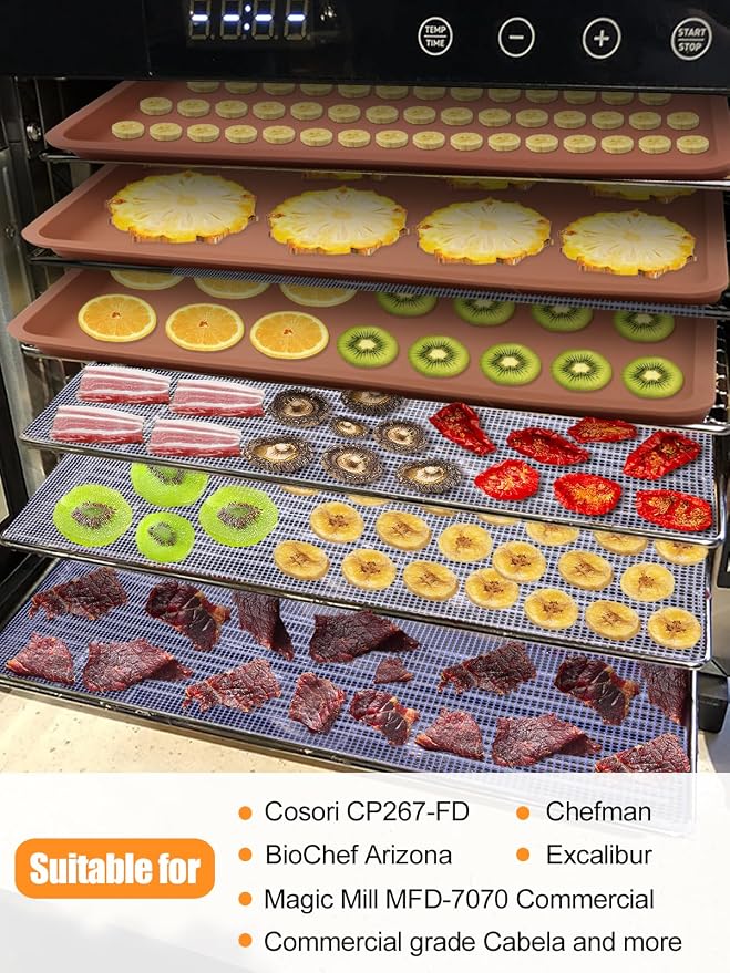 4 Silicone Dehydrator Mats & 6 Mesh Dehydrator Sheets, Reusable Non-stick Tray Liner with Edge, Compatible with Cosori CP267-FD for Fruits Meat Vegetables(Pack of 10)