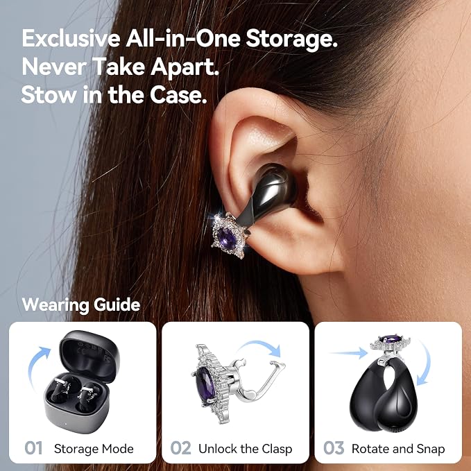 Linklike Most Comfortable Jewelry Open Ear Clip-on Earbuds with Zircon Earrings [All-in-One Storage] [Patented 0-Pressure] [Longest 70H Playtime] [Master-Tuned Hi-Res LDAC] Ideal Gift for Women, Gray