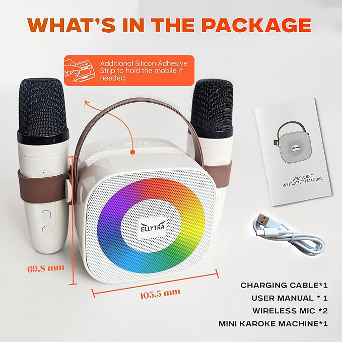 Kids Karaoke Machine with 2 Wireless Rechargeable Microphones, Portable Bluetooth Speaker with RGB Lights, Mic & Phone Holder, Beige - Birthday Gifts for Girls Boys