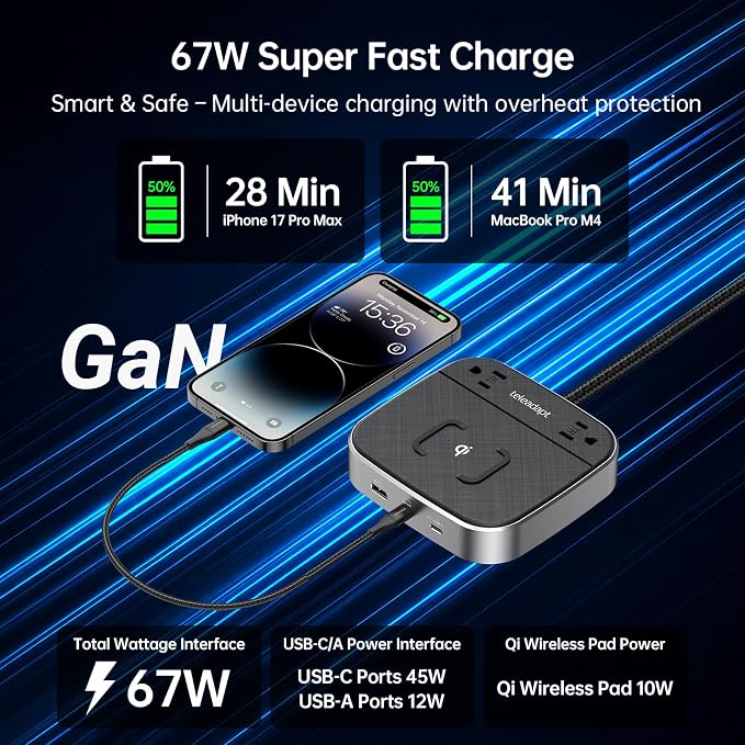 GaN Multi Charging Station 67W, 6 in 1 iPhone Charging Station with USB Ports, Wireless Charging, 2× AC Outlets, Desktop/Bedside/Nightstand Power Station, Hotel-Grade Design, Grey