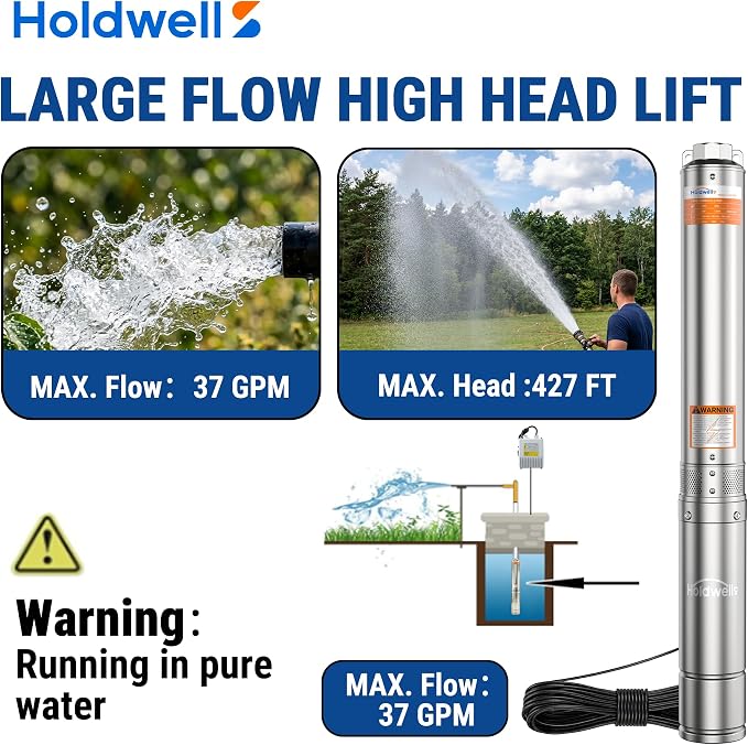 2HP Deep Well Submersible Pump 230V/60Hz, 4 Inch Stainless Steel, External Controller, 33ft Cord, 37GPM Flow 427ft Head, IP68 Waterproof for Industrial, Irrigation, Home Use