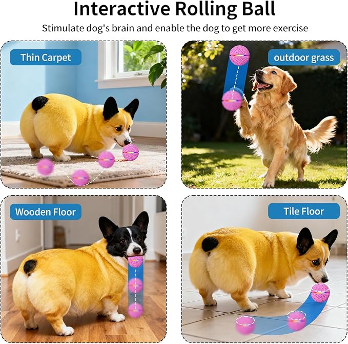 Interactive Automatic Dog Ball, Self-Moving Rolling Toy for Dogs, Chew Resistant E-TPU Material, IPX7 Waterproof, USB-C Rechargeable, Smart Vibration Sensor, Indoor & Outdoor (Pink)