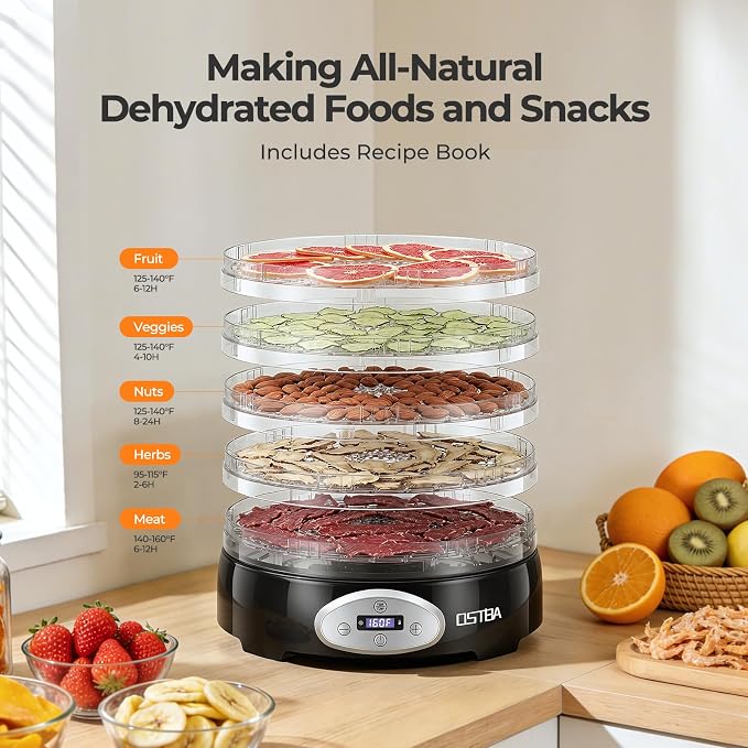 OSTBA Food Dehydrator, 5 BPA-Free 12.2" Trays, Adjustable Temp 95–160℉, 48H Timer, 420W Food Dryer for Fruits, Veggies, Jerky, Herbs, Home Use, BPA-Free