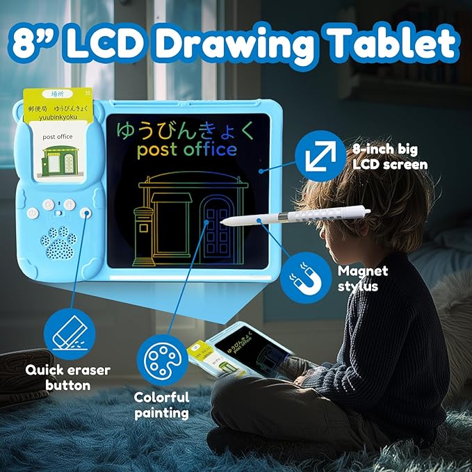 Drawing Tablet with Bilingual Flashcards for Kids - Japanese English Talking Flash Cards, LCD Writing Pad Board, Pocket Speech for Toddlers, Learning Toy Gift for Boy Girls (Japanese, Blue)