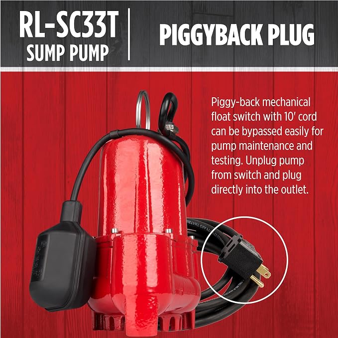 Red Lion RL-SC33T Submersible Water Pump, Heavy Duty Automatic Sump Pump with Tethered Float Switch, 1/3 HP, 3350 GPH, Cast Iron