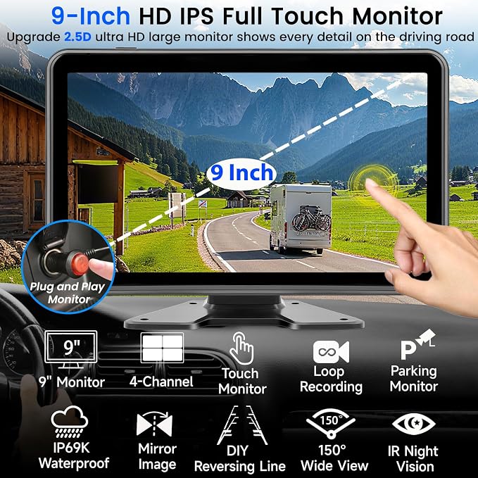1080P 4-Wired Backup Camera System for Truck/RV Plug and Play, 9" HD Touch DVR Quad Split Monitor 4 Side Rear View Camera, 64GB Card Reverse Camera for Trailer/Tractor/Bus, Waterproof IR Night Vision
