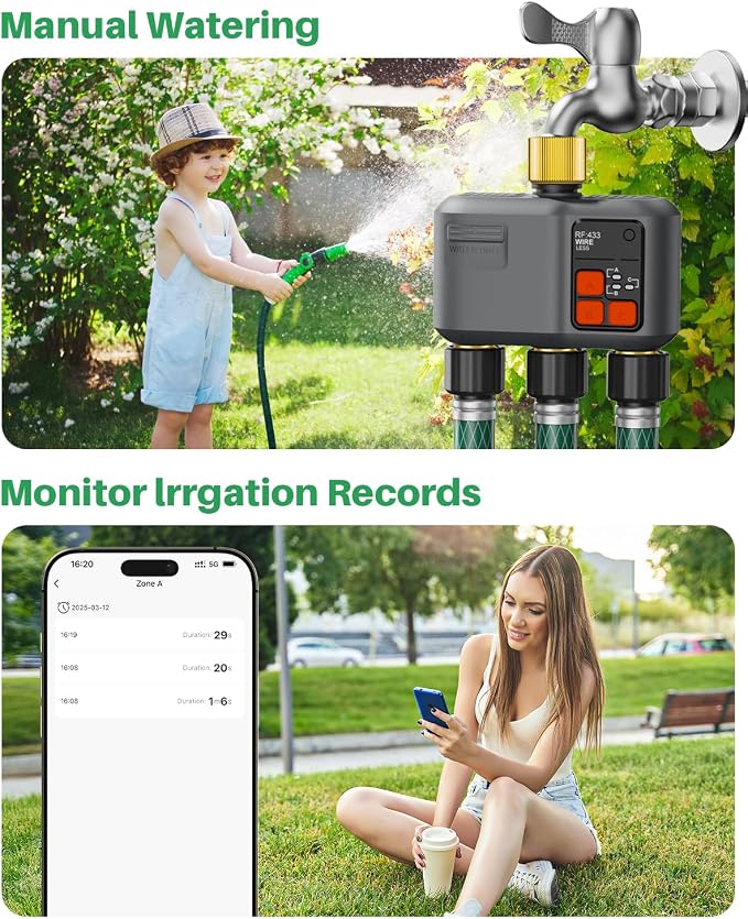 WiFi Sprinkler Timer 3 Zone with 984 FT Range, 3 Outlet Smart Water Timer for Garden Hose with Strong Wall Penetration/Rain Delay/Alexa & Google Voice/App Control, Water Hose Timers for Garden & Lawn