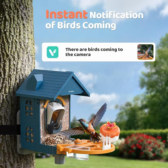 Smart Bird Feeder with Camera Outdoor Birdhouse: AI Identifies 11000+ Species, 2K HD with Arrival Alerts, Attracts Hummingbirds, Solar Powered, Gifts for Bird Lovers Mom Dad