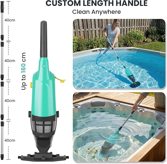 Cordless Pool Vacuum for Above Ground & Hot Tubs, Powerful Suction for Leaves, Sand & Debris, 18GPM