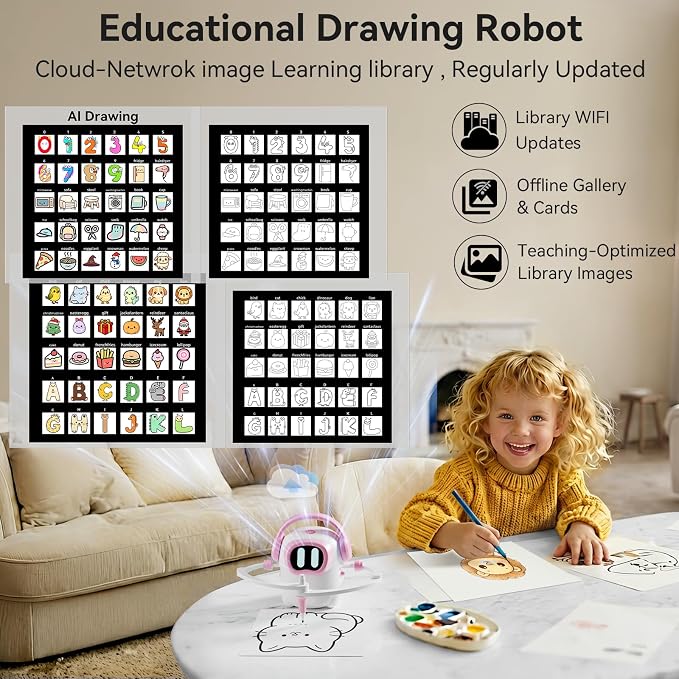 AI Drawing Robot for Kids, 10000+ Free AI-generated Images,Regularly updated image library,Educational Learning Toys for Boys & Girls Ages 3-8 ,AI Enlightenment Painting Toy for Birthday Gift (Pink)