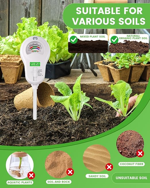 6-in-1 Soil Moisture Meter with 3 Probes, PH/Sunlight/Soil Moisture/Fertility with 3 Removable Probe, Digital Air Temp/Humidity, Soil Tester for Garden, Lawn, Indoor and Outdoor Plants