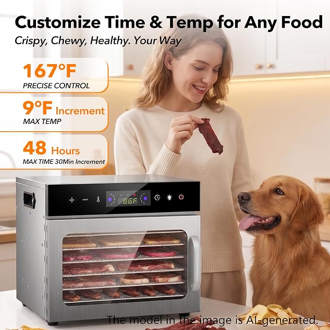 Electric Food Dehydrator with 8 Stainless Steel Trays, Household Fruit Dehydrator,Adjustable Temperature up to 167°F, 48-Hour Timer for Jerky, Fruit