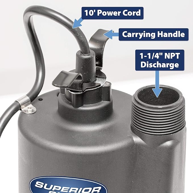 Superior Pump 91330 2400GPH Thermoplastic Submersible Utility Pump with 10-Foot Cord, 1/3 HP