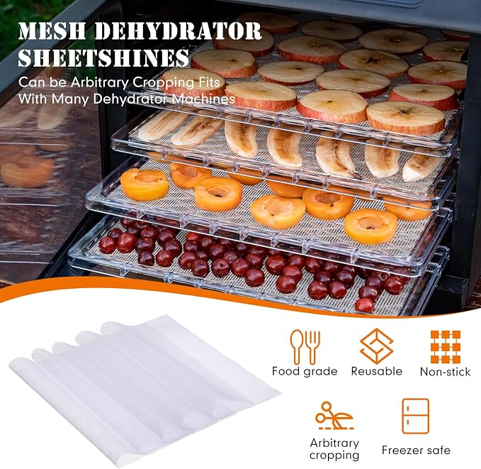 Thenshop 8 Pcs Silicone Dehydrator Sheets Trays with Edge and 10 Pcs Mesh Dehydrator Mats Non Stick Reusable Fruit Leather Trays Accessories for Liquid Making Food Fruit Meat Egg Vegetables (White)