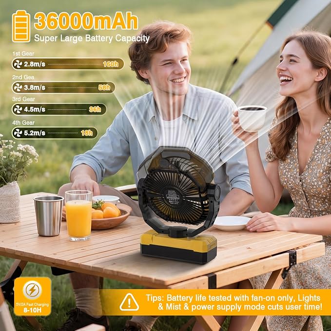 Portable Misting Fan, 36000mAh Rechargeable Battery Powered Camping Fan with 460ml Tank & 6.6ft Mist, 4 Speeds 2 Light Modes for Outdoor Patios Travel Jobsite Beach Summer Essentials - Yellow