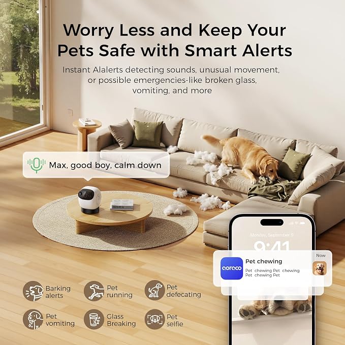 2026 3K Pet Camera Treat Dispenser, 32ft Remote Tossing for Dogs & Cats – Reduces Separation Anxiety, 360° View, Security Indoor Cam w/ Phone App, Barking Alerts, No Subscription, 5G WiFi, Robot M3