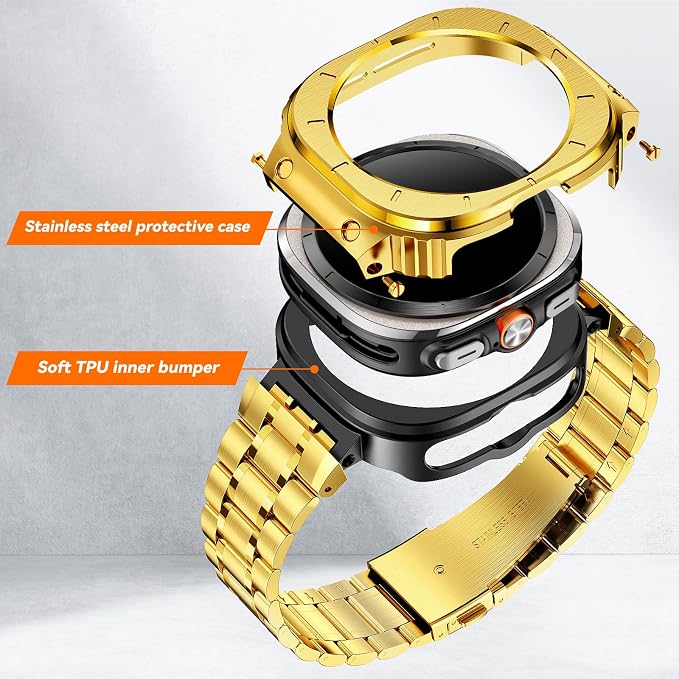 BAITEYOU Stainless Steel Bands with Case Compatible with Samsung Galaxy Watch Ultra 2/1 47mm (2025 2024), Rugged Protector Cover Metal Band for Galaxy Watch 7 8 Ultra for Men (Gold)
