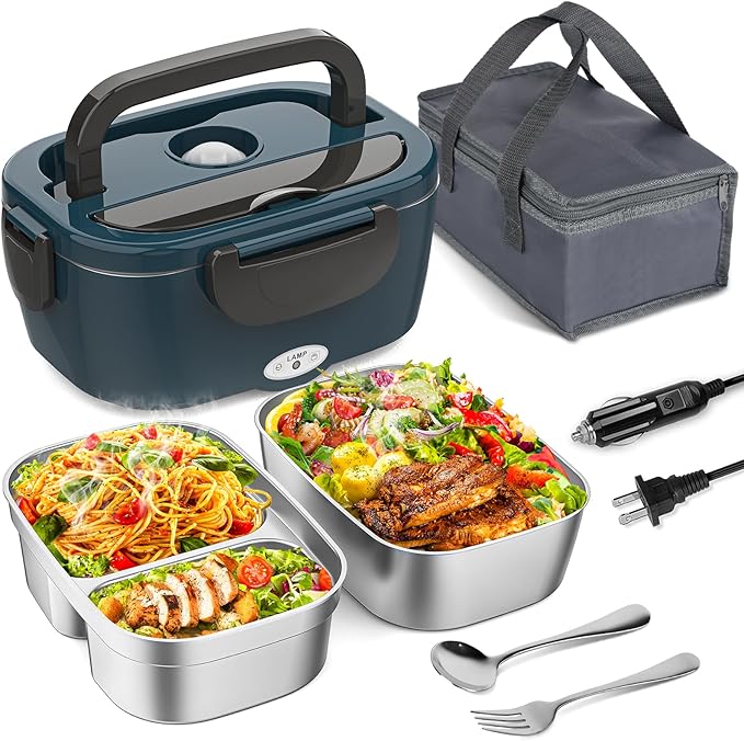 Vingud Electric Lunch Box for Adults, Heated Lunch Box for Men Women with Dual 1.5L SS Containers, Portable 80W Food Warmer for Car/Truck, Lonchera Eléctrica Portátil Christmas White Elephant Gift