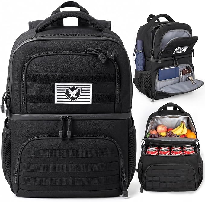 Backpack Cooler Insulated Lunch Bag, Double-Deck Leakproof Compartments Coolers Bag, 16-Can Capacity, RFID Pocket, Molle-Style Organizer, Lightweight for Work, Office, Travel, Hiking (Black)