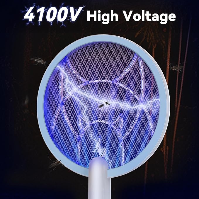 Nymrix Electric Fly Swatter Racket, 2 in 1 Mosquito Bug Zapper 4100V Max Handheld Mosquito Killer with 1800 mAh Rechargeable Battery, Purple Light and 3-Layer Safety Mesh for Indoor Outdoor Blue