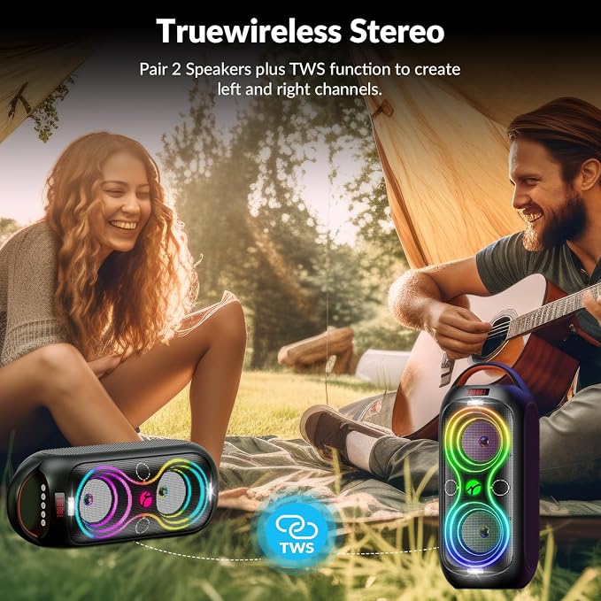 Speakers Bluetooth Wireless- 120dB Loud Sound, Dynamic 8 LED Lights, 5 RGB Modes, Bluetooth 5.3, TWS/USB/TF/AUX/FM/Mic Input, Built-in Handle, Portable Party Speaker for Home, Outdoor, Camping (RGB)