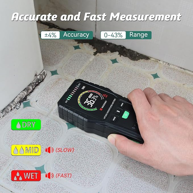 Pinless Moisture Meter Non-Invasive Digital Wood Humidity Tester | Moisture Detector For Wall, Lumber, Building, Firewood, 19mm Depth,Built Flashlight