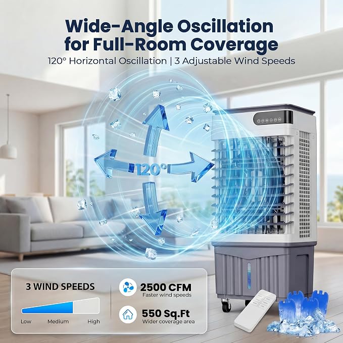 2800CFM Swamp Cooler, Portable Evaporative Air Cooler with 8.3 Gal Water Tank, 4 Ice Packs, 120° Oscillation, 3 Speeds & Modes, 12H Timer, Remote Cooling Fan for Large Room Garage