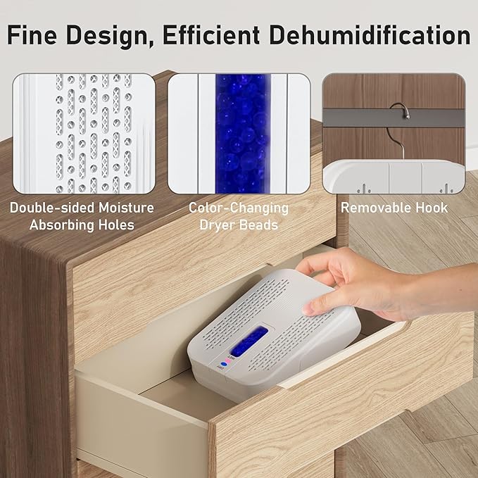 Rechargeable Small Dehumidifier for Bathroom, Detachable Hanging Dehumidifier for Bedroom, Gun Safe, Closet, Portable Moisture Absorbers with Dual-Sided Suction, Visual Color Indicator Window