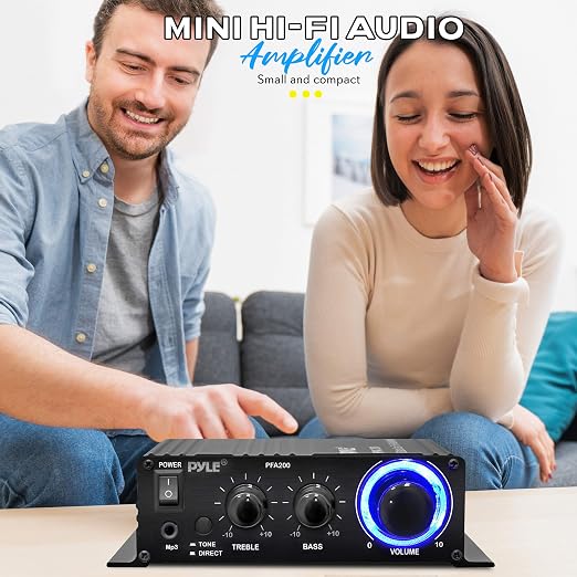 Pyle Home Mini Audio Amplifier-60W Portable DualChannel Surround Sound HiFi StereoReceiver w/ 12V ACAdapter,AUX,MIC IN,Supports Smart Phone,iPhone,iPod,MP3 For 2-8ohm Speakers-Pyle PFA200 (Pack of 12)