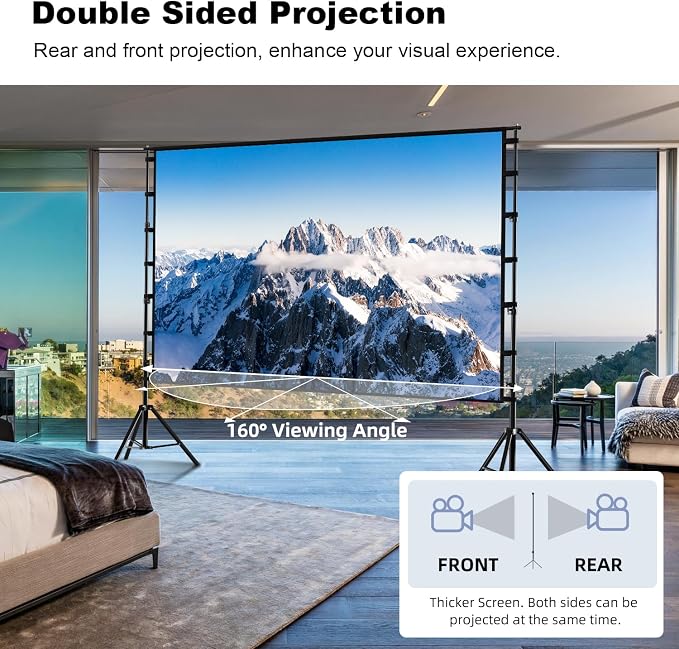 Wootfairy 150inch Projector Screen with Stand: Portable Wrinkle-Free Screen | Foldable 16:9 4K HD Front Rear Projection Movie Screen with Carry Bag for Indoor Outdoor Backyard Family Live Sports Night