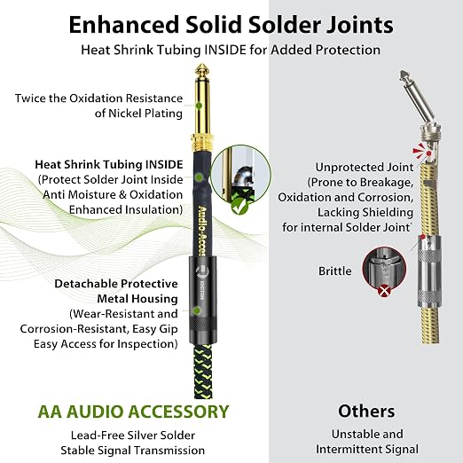 AA AUDIO ACCESSORY Pro Series Guitar Cable 6 ft, Gold-Plated Neutrik REAN Connector, 18 AWG 99.99% OFC, Low Capacitance Straight to Right Angle 1/4 Inch Instrument Cable for Fender Ernie Ball Mogami