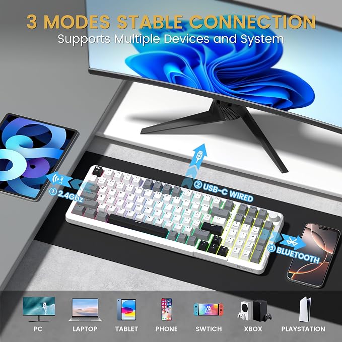 Redragon K742 Wireless Mechanical Gaming Keyboard with Knob, Bluetooth 5.0/2.4GHz/USB C Wired Creamy Keyboard with Number Pad for PC Computer, RGB Backlits, Hot-Swappable with Linear Switches (White)