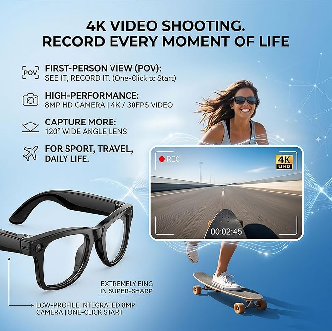 AI Smart Camera Glasses, 1080P HD POV Video Recording and Translator, Object Recognition, Bluetooth Audio for Music Calls, 290mAh Battery, Photochromic Lenses for Vlog, Travel and Work