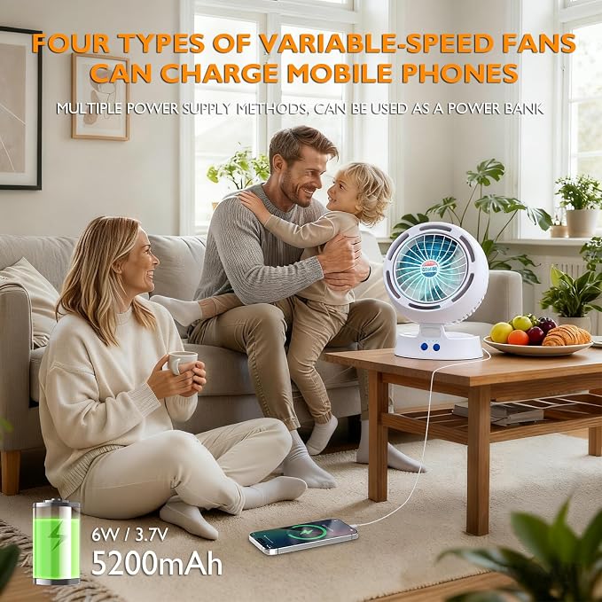 Rechargeable Camping Fan with Light - Solar Powered, USB/Battery Operated, 10400mAh, 4-Speed Adjustable, LED Lantern, Suitable for home and outdoor use.