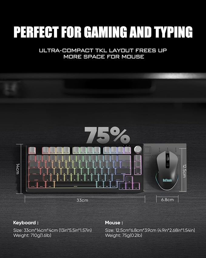 RedThunder K75 Wireless Membrane Keyboard & Mouse Combo,75% Side-Engraved Keycaps,Optical Gaming Mouse with 4800DPI,3 Modes(BT/2.4G/Wired),Dual System,RGB Backlit,Rechargeable Battery,Gradient Gray