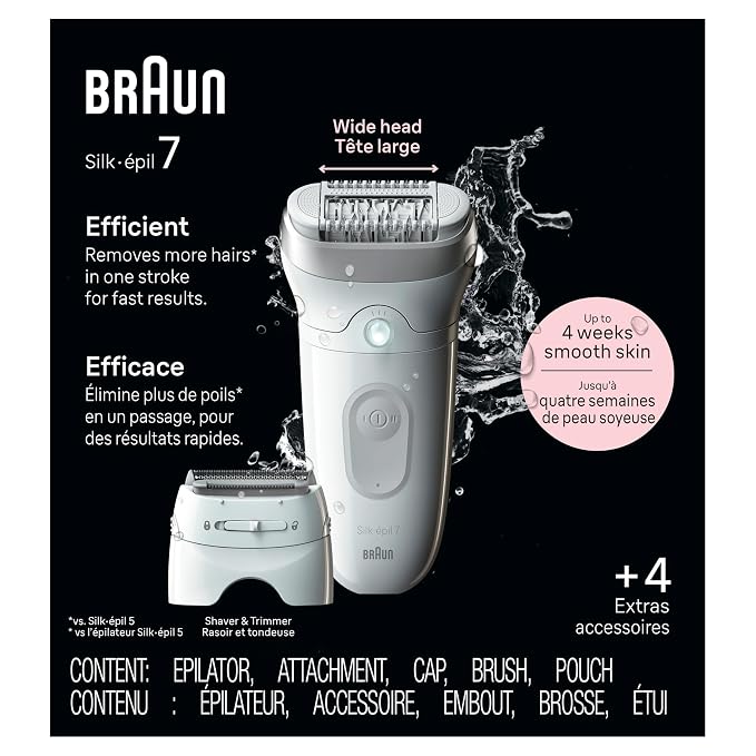 Braun Epilator Silk-épil 7, Hair Removal Device, Women Shaver & Trimmer, Wet and Dry, Wide Head, Includes Shaver Head and Trimmer Comb, SE7-041, Silver