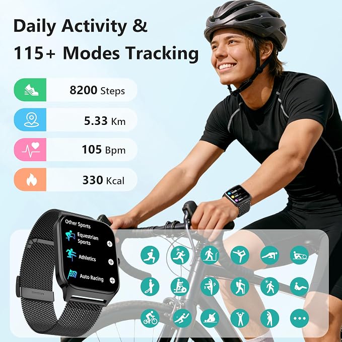 Smart Watch Women Men, 1.85’’ Lightweight Fitness Tracker Make/Answer Call, HR/Blood Pressure/Sleep Monitor, 110+Sport Modes, Waterproof Reloj inteligente Compatible for Android & Samsung & iPhone