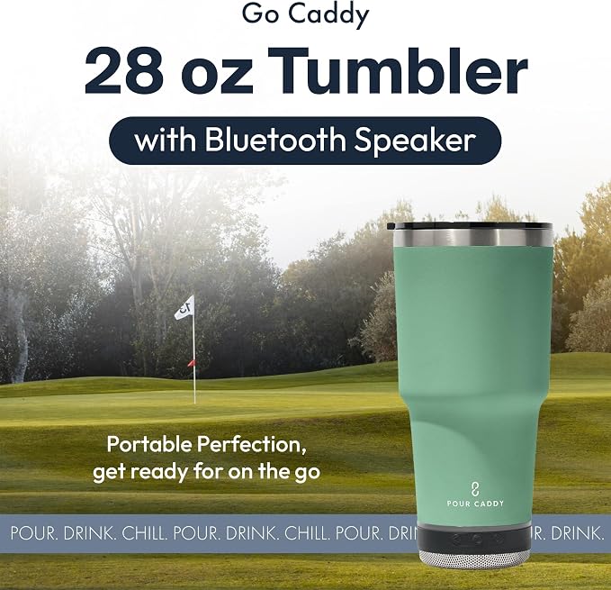 Vibe 28 oz Tumbler with Bluetooth Speaker, Insulated Stainless Steel Travel Cup with Lid, Hot & Cold Drink Beverage Container, Removable Speaker with Microphone, Rubber Base, Seafoam