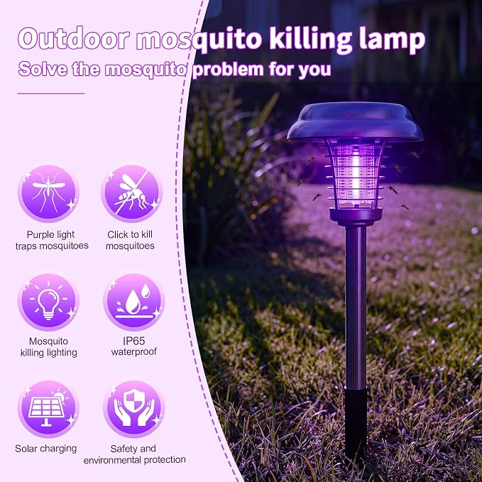 4 Pcs Solar Bug Zapper Outdoor Waterproof Mosquito Repellent Light Solar Power Fly Killer Lamps for Moths, Gnats, Fly, Small Flying Insect Backyard Garden Lawn (Stainless Steel,Purple & Warm Light)