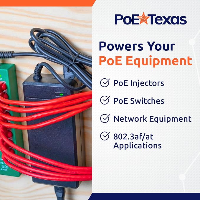 PoE Texas 48 Volt 120 Watt DC Power Supply with Wall Mount Tabs - Compatible with Power Over Ethernet Injectors, Switches, and Other Applications - 100-240V AC Input - 5.5X 2.1mm DC Barrel Connector