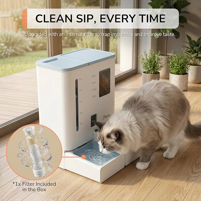 iPettie FW54 Camera Version Automatic Cat Feeder and Water Dispenser, 5G/2.4GHz WiFi App Control, 2K HD Video with Night Vision, Replaceable Water Filter, 300oz Large Capacity for 2 Weeks
