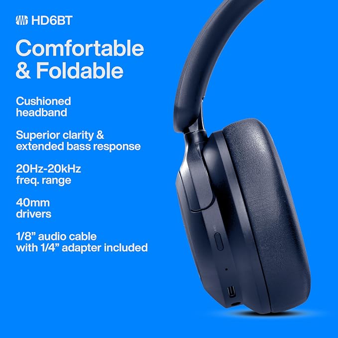 PreSonus Eris HD6BT — Over-Ear Closed-Back Wireless Headphones, Bluetooth, ANC Noise Cancelling, Up to 60 Hours Battery Life, Studio Headphones for Mixing, Monitoring, Recording, Midnight Blue
