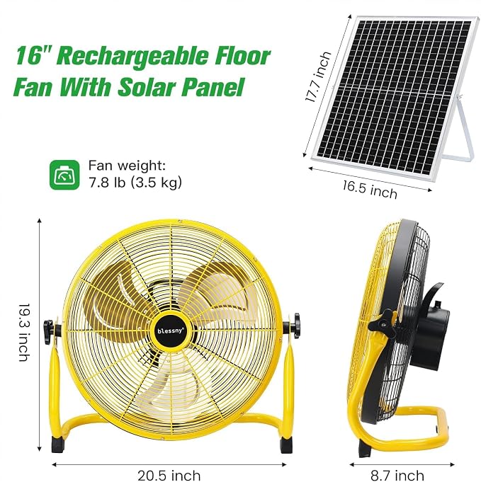 blessny 16" Large Solar Rechargeable Floor Fan with 35W Solar Panel for Home Outdoor Camping Gazebo Greenhouse Barn Poultry Pet House Cooling or Air Circulation, 23 Ft Long Cord