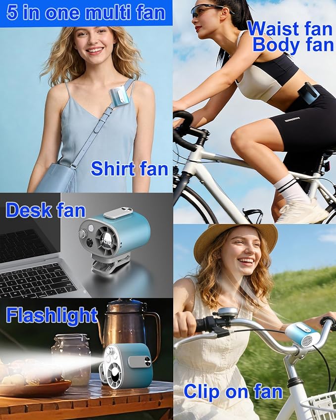 portable waist fan clip on with flashlight black and blue